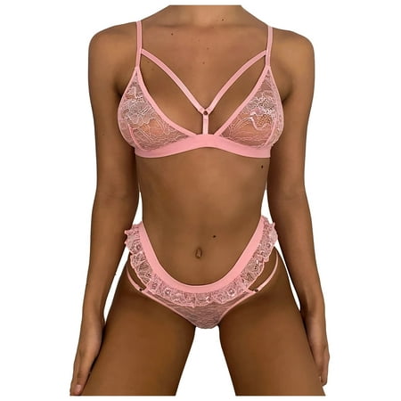 

QWERTYU Strappy Sexy Lingerie Set for Women 2PCS Babydoll Ruffle Lingerie Lace Teddy Bra and Panty Sets Pink S