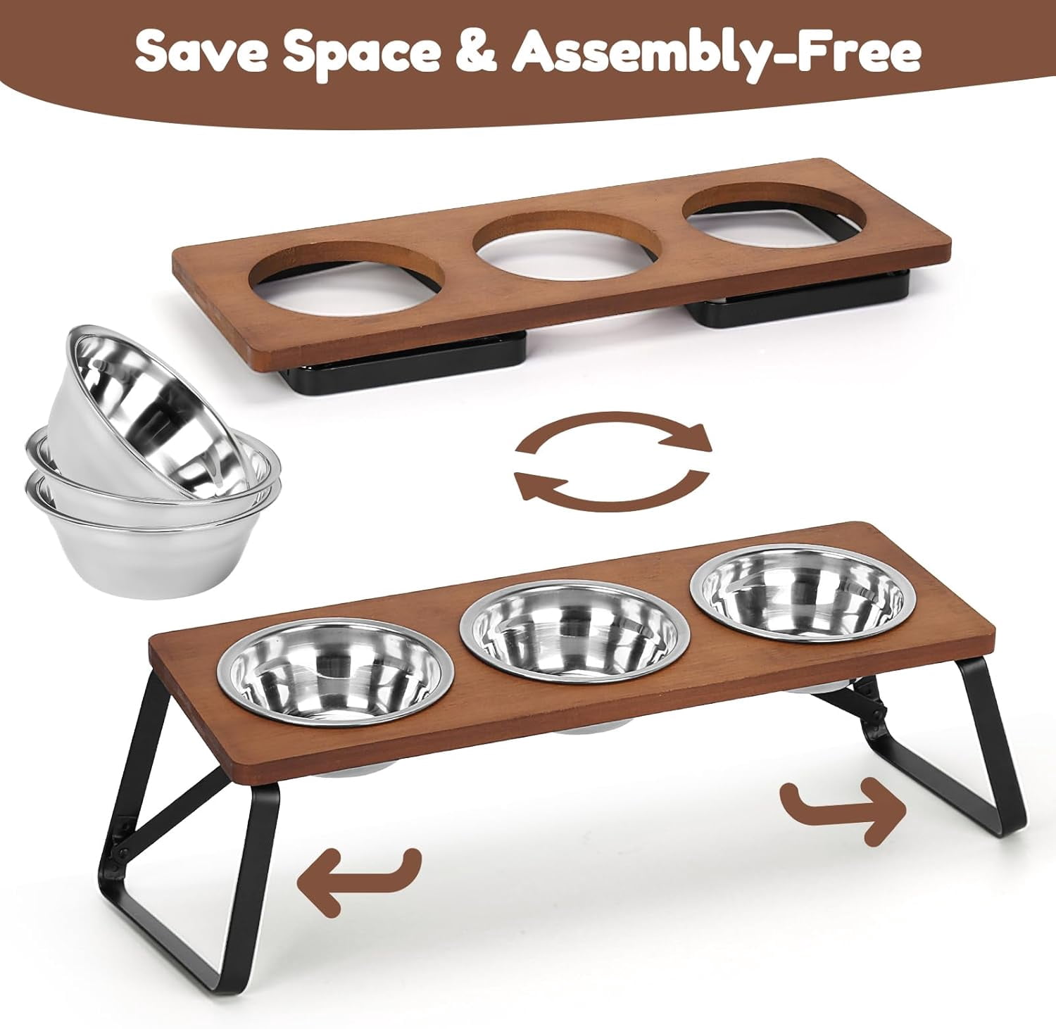 Flantor Elevated Cat Feeding Bowl Set with 10° Tilt, 3 Stainless Steel Bowls, Wood Frame and Foldable Metal Stand