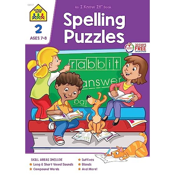 Pre-Owned School Zone Spelling Puzzles 2 Workbook: 32 Pages, 2nd Grade, Plurals, Blends, Vowels, Consonants, Compound Words, Ages 7 to 8 (I Know It! Book Series), 9780938256175, 0938256173, Paperback