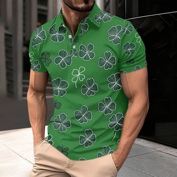 Yaoyar Man St. Patrick's Day Lucky Shamrock Print Short Sleeve Lapel Hawaiian Summer Beach Button-Up Top Funny Irish Tees Cool Party Tees