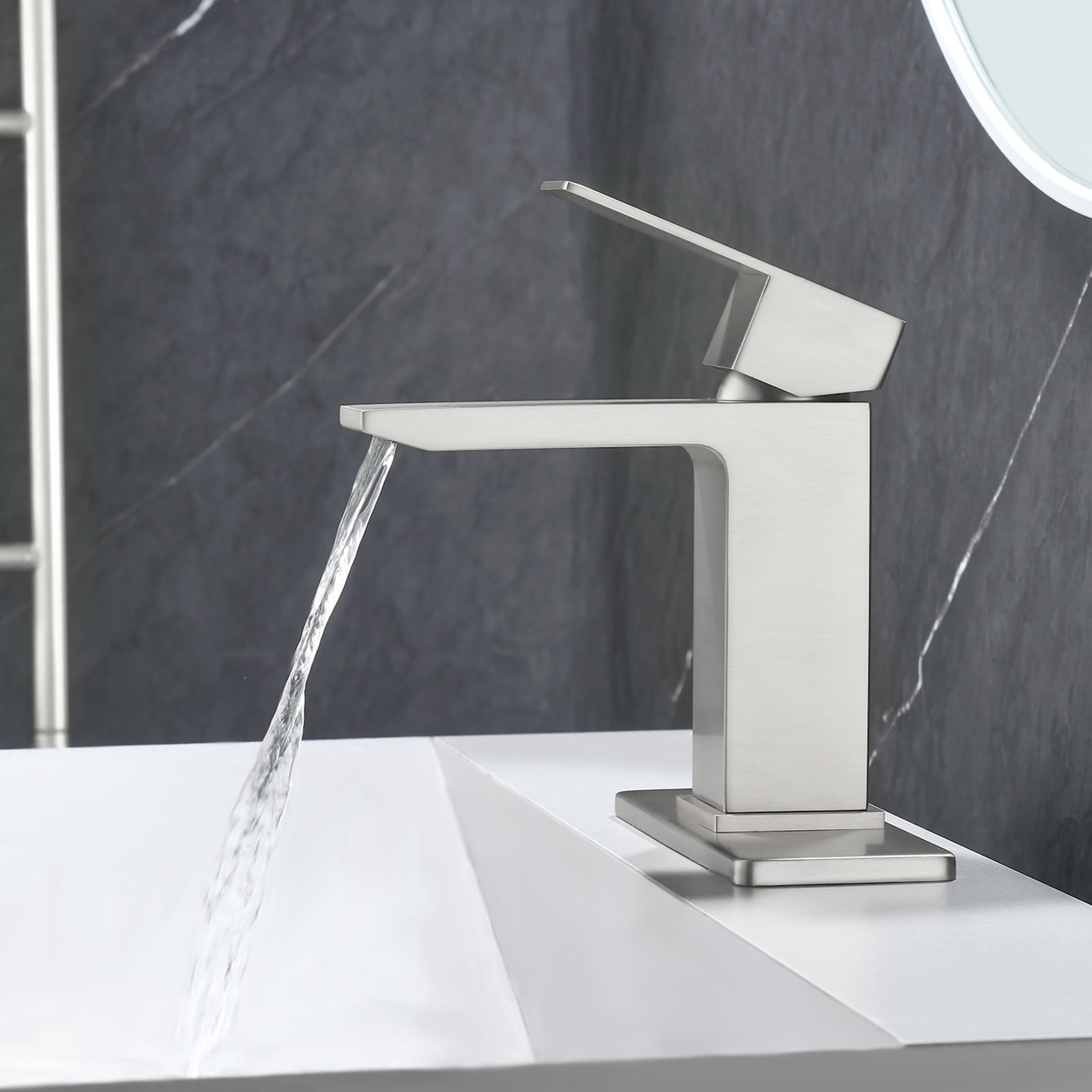 Cobbe Single-Handle Bathroom Sink Faucet for Vanity Waterfall Spout Design Single-Hole Installation With Pop-Up Drain Brushed Nickel