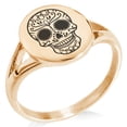 thumbnail image 1 of Stainless Steel Day of the Dead Calaveras Mischievous Skull Minimalist Oval Top Polished Statement Signet Ring, 1 of 1