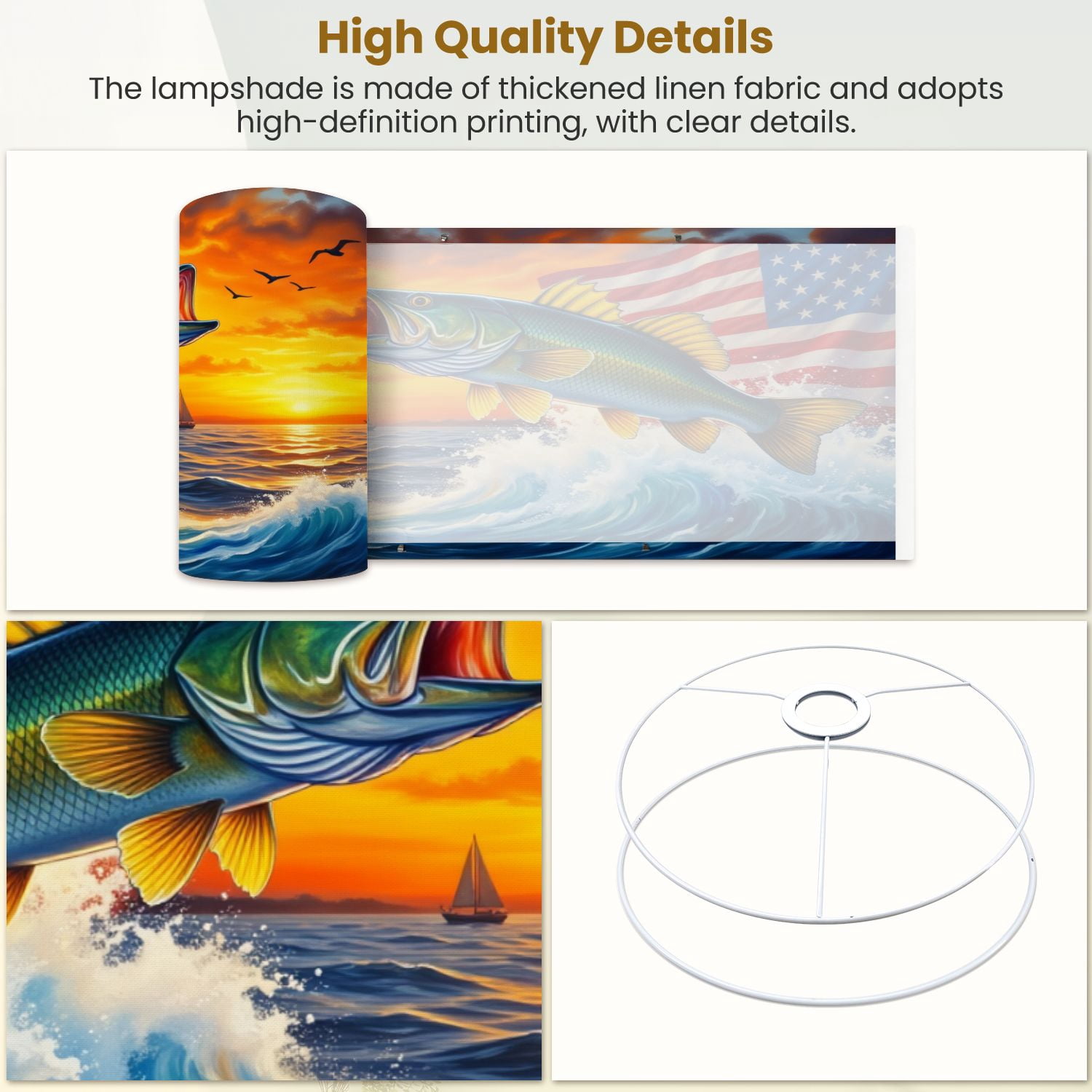 Lamp Shades Set of 2 Bass Fish Jumping American Flag Sunset Independence Day 13" x 13" x 10" Lampshade for Table Lamps Floor Lamps Lamp Shade Replacement Easy Assembly Required