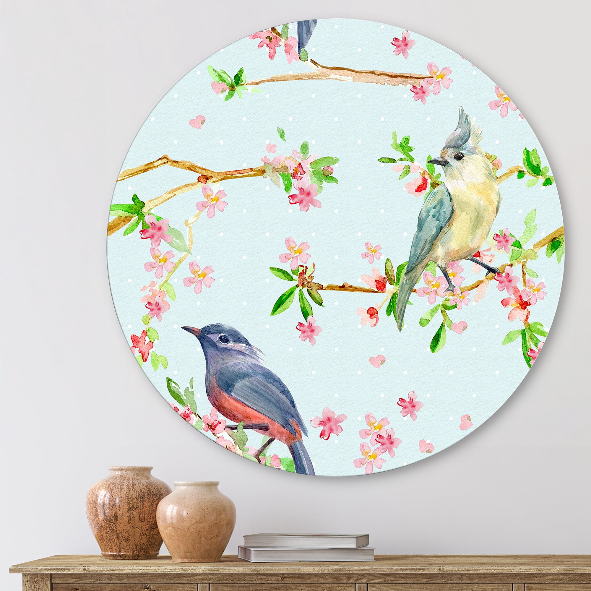 Designart 'Birds and Flowers Pattern In Blue' Traditional Circle Metal Wall Art 23x23 - Disc of 23