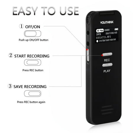 YOUTHINK Digital Voice Recorder, 8GB Digital Audio Sound Recorder Dictaphone, Voice Recorder with MP3 Player for Meeting, Lecture and