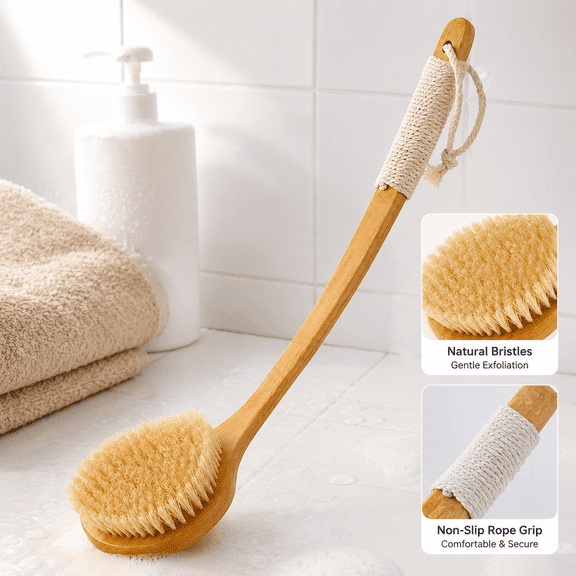 Bamboo Long Handle Back Scrubber, 17.3” Stiff Bristle Exfoliating Brush