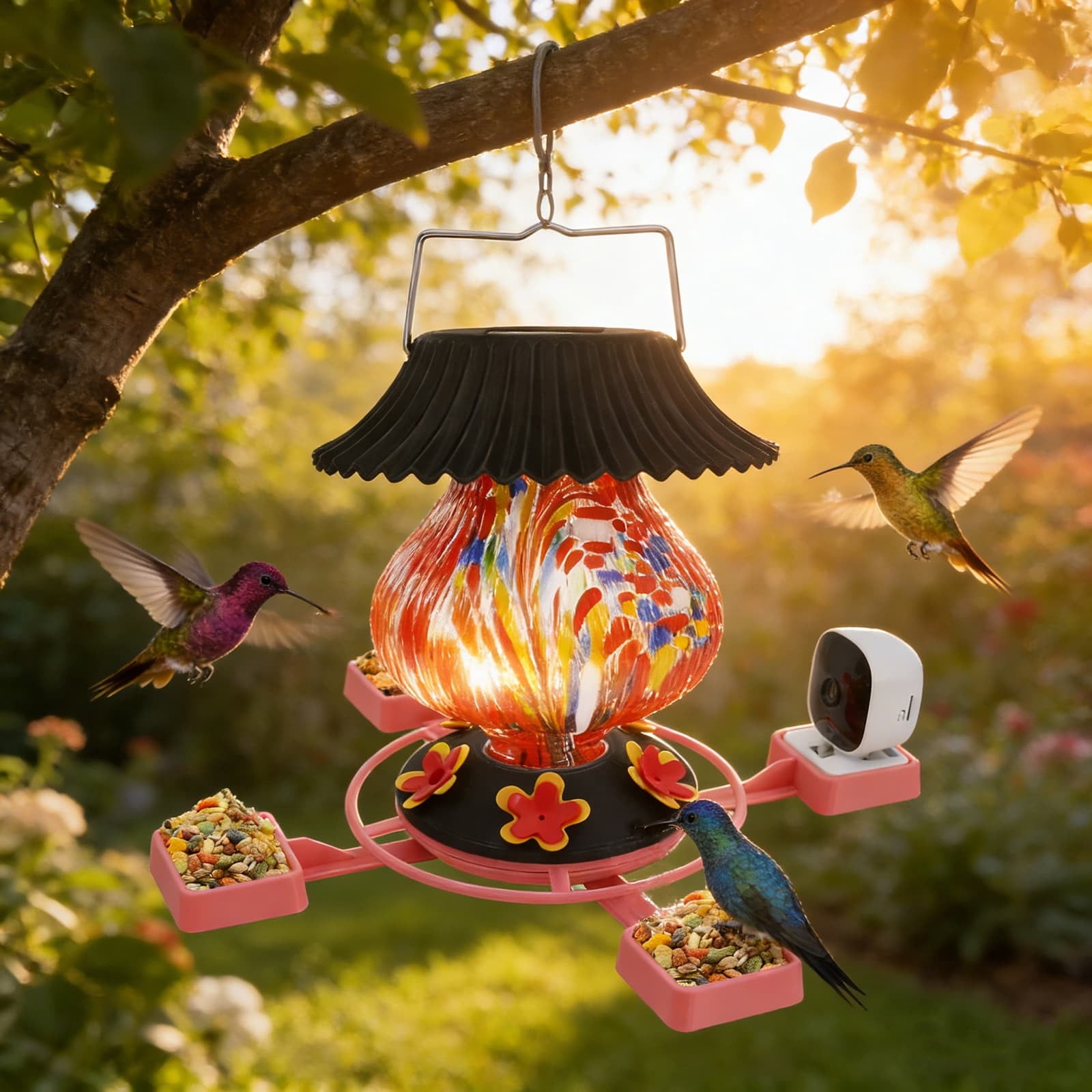 Fwttom Bird Feeder with Camera 1080P, Intelligent Hanging Solar-powered Decorative Feeders, Wild Bird Feeders for Outdoors Garden, Patio & Backyard