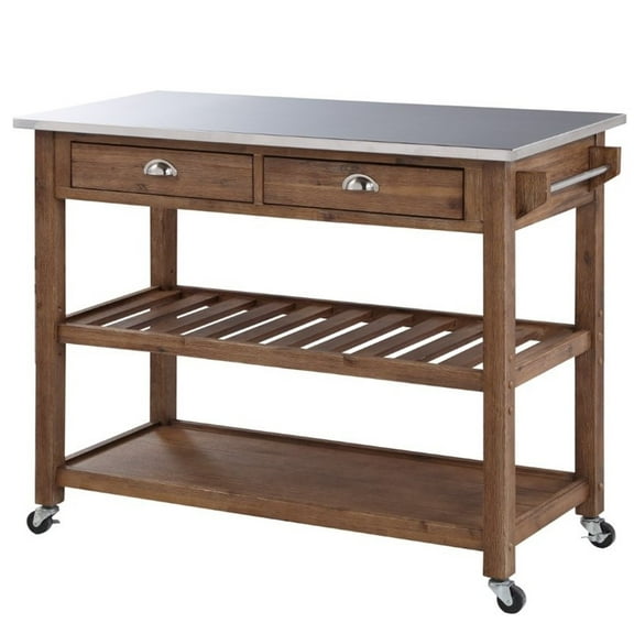 Bowery Hill Wood/Stainless Steel Kitchen Cart in Wire-Brush Brown