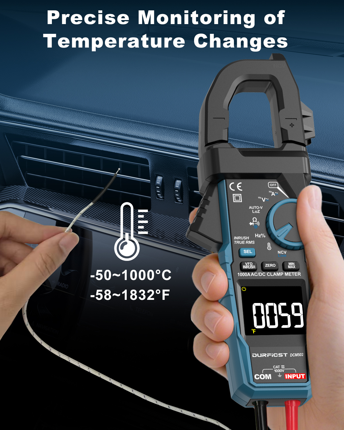 Clamp Meter DURFICST Digital Inrush Clamp Multimeter AC/DC 1000A 6000 Counts Amp Voltage Tester with VFD, LOZ Mode,Measures AC/DC Current Voltage NCV Temperature Resistance Capacitance Frequency