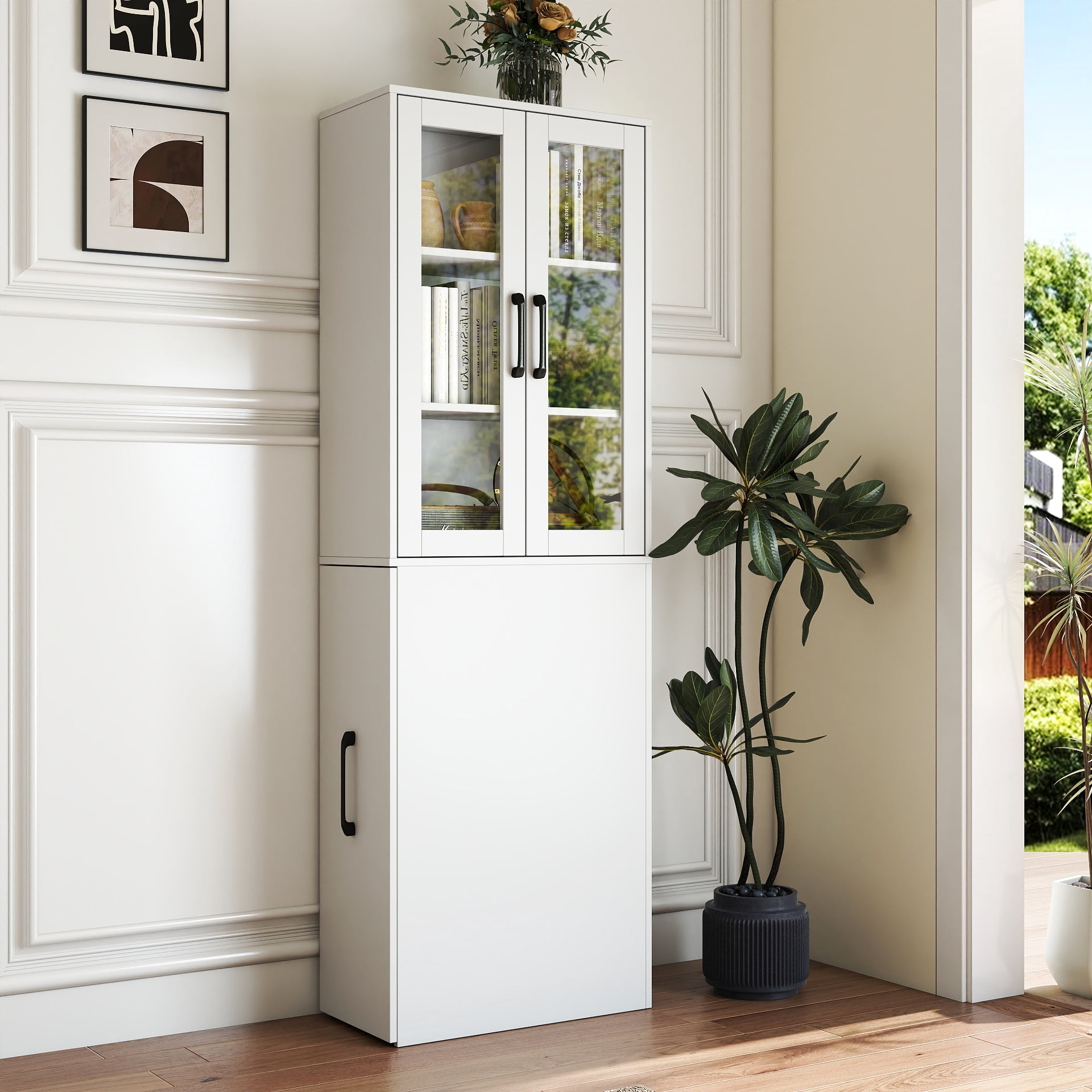 Display Storage Cabinet 4-Tier Pull-Out Shelf with 2 Glass Doors for Kitchen Living Room, White