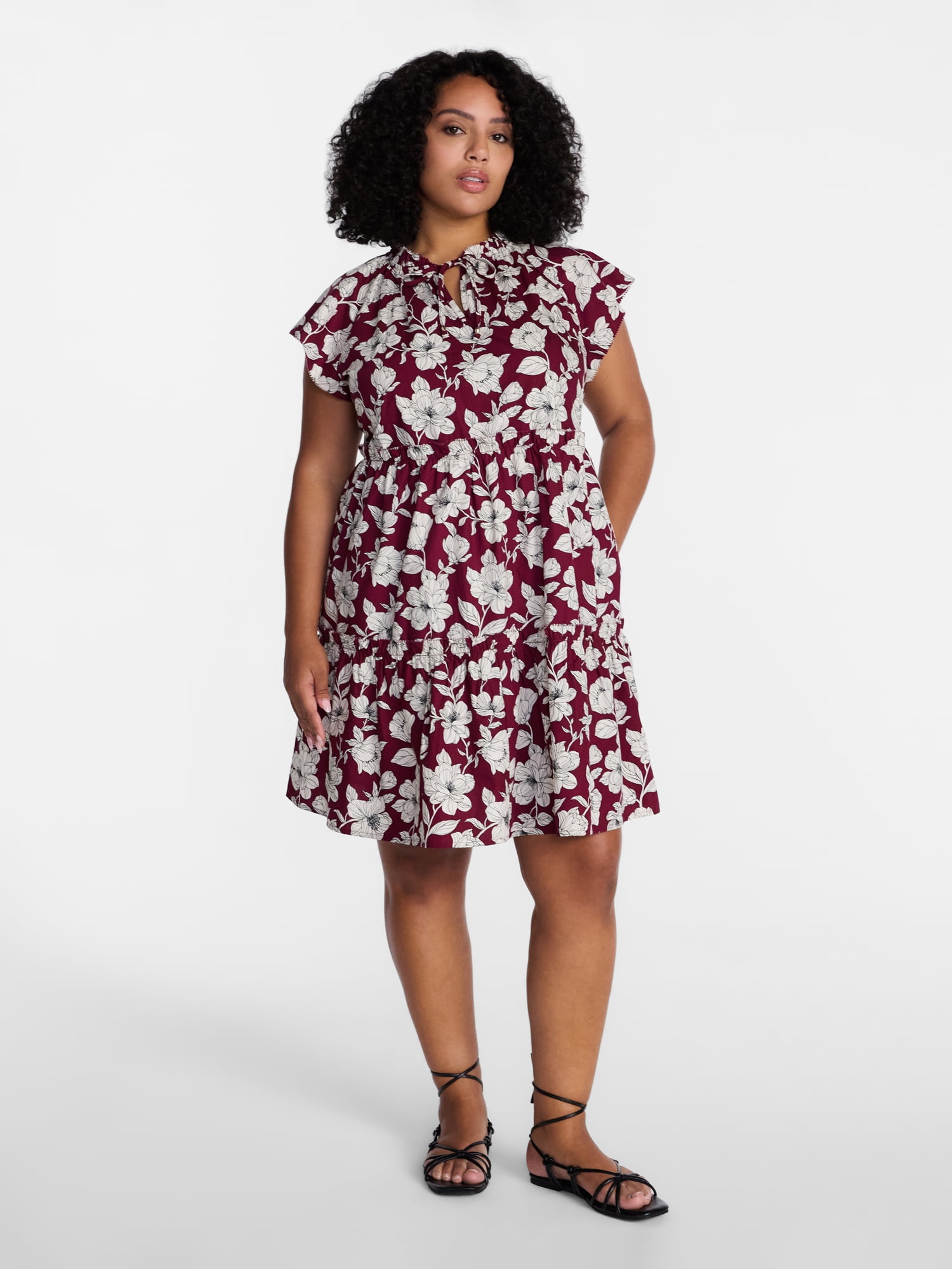Time and Tru Women's and Women's Plus Tiered Cotton Mini Dress with Flutter Sleeves, Sizes XS-4X