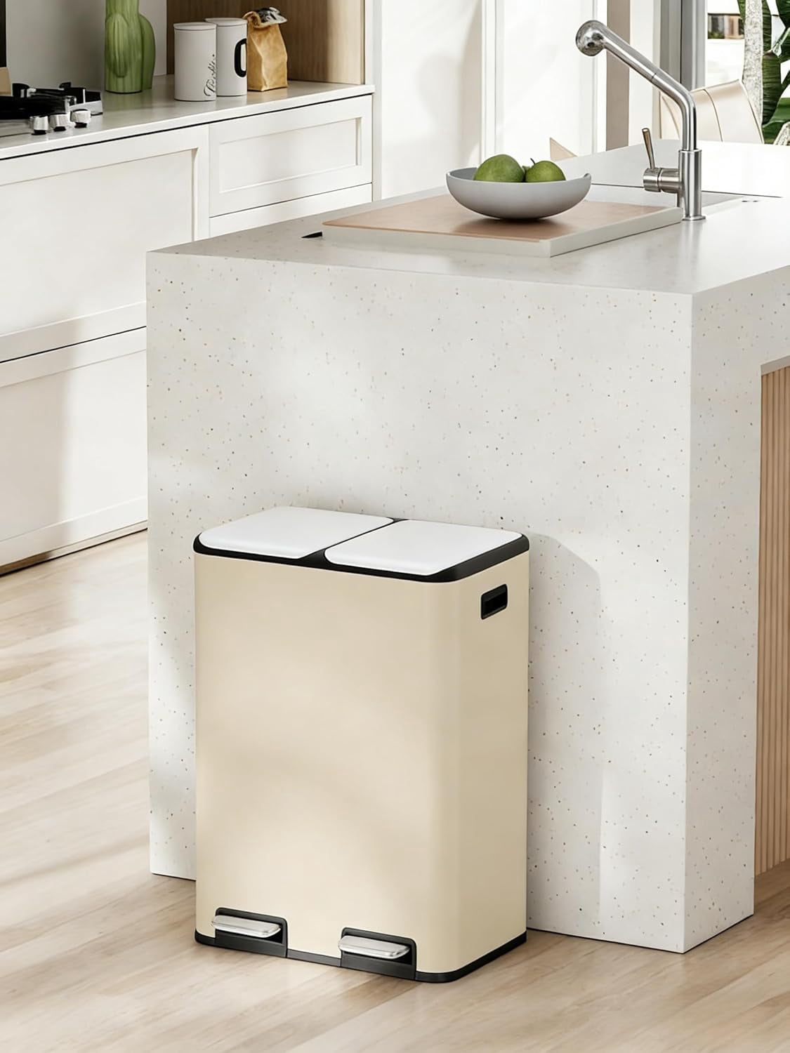 Arlopu 16 Gal Dual Kitchen Trash Can, Stainless Steel Garbage Bin with Soft Close Lid, 2 Built-in Box, Odor Control