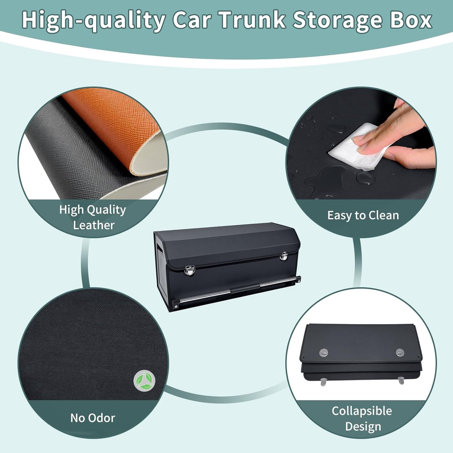 Car Organizer Trunk, Durable Collapsible Leather Trunk Organizer with Lid and Sturdy Handle, Auto Cargo Storage Compartments, SUV/Car Accessories for Men/Women (11.4 x 27 x 12.2, Black)