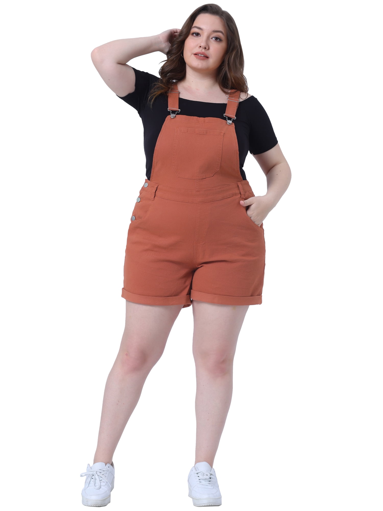Unique Bargains Women's Plus Size Jumpsuit Roll Hem Pocket Denim Overalls 3X Caramel