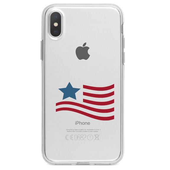 DistinctInk Clear Shockproof Hybrid Case for iPhone XR (6.1" Screen) - TPU Bumper Acrylic Back Tempered Glass Screen Protector - USA Waving Flag Red White & Blue