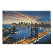Landscape Cutting Board, American City Sunset over Manhattan and Brooklyn Bridge Cityscape Picture Print, Decorative Tempered Glass Cutting and Serving Board, Large Size, Multicolor, by Ambesonne