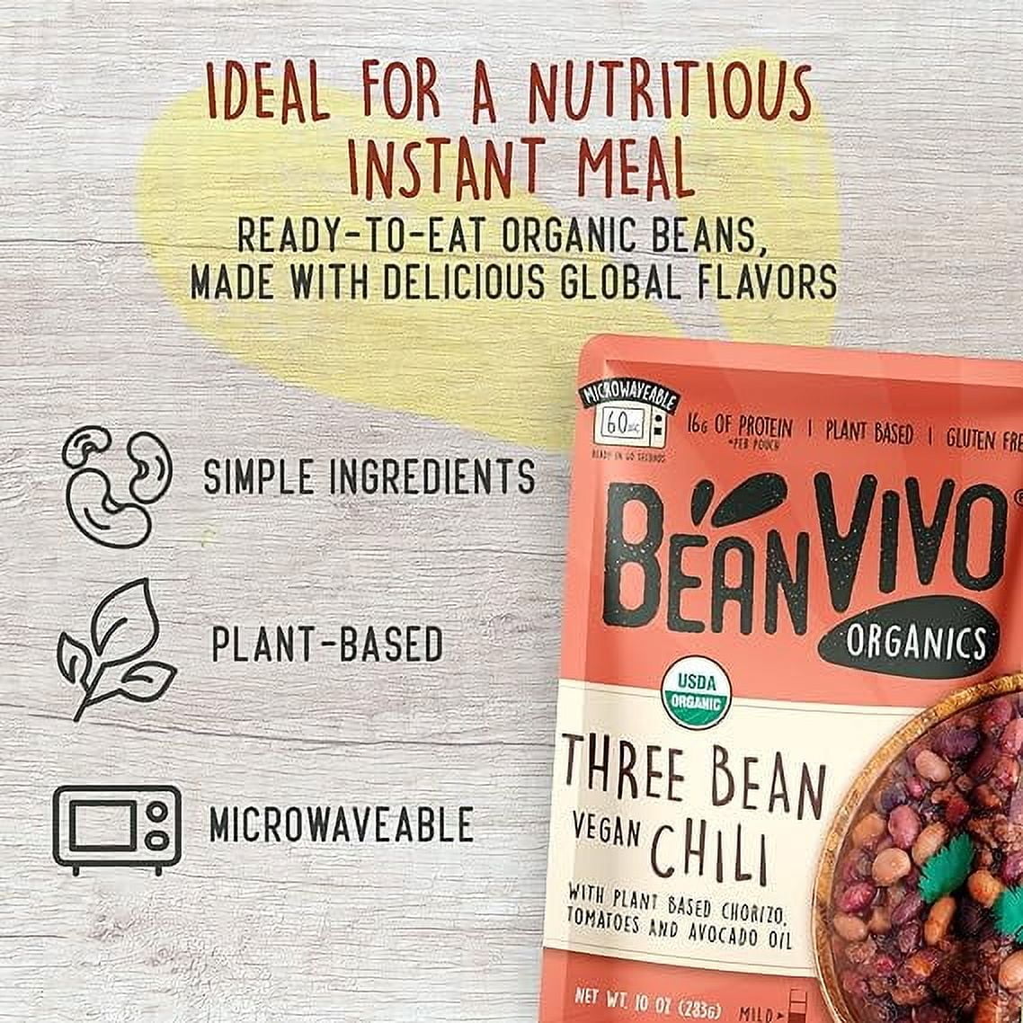 (4 pack) BeanVIVO Organics Three Bean Vegan Chili - Good Source of Fiber - Nutritious & Microwave Meals - Gluten-Free Plant Food - 10 oz Pouch