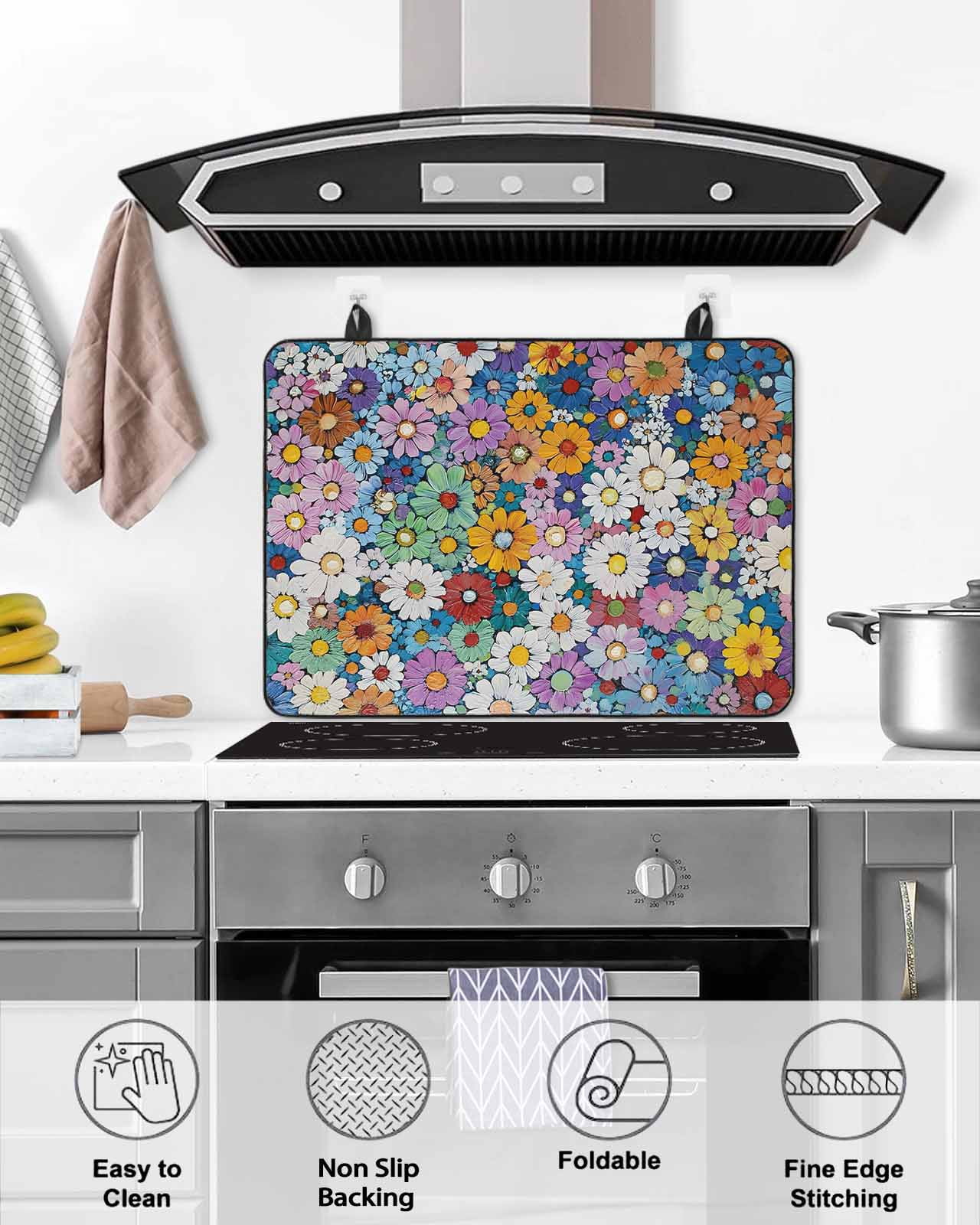nqOlkjepod Large Induction Cooktop Protector Mat 36"x21", Colorful Spring Floral Stove Top Covers for Electric Stove, Oil Painting Flowers Modern Abstract Stove Burner Cover Mats Stove Cover