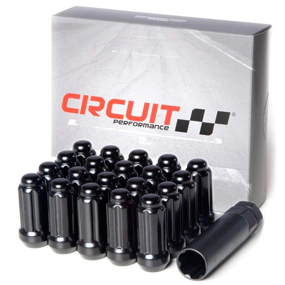 Circuit Performance 14x2.0 Black Closed End 6 Spline Security Acorn Lug Nuts Cone Seat Forged Steel (24 Pieces + Tool)