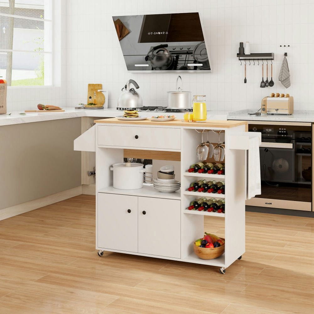 YYAo Kitchen Storage Island, Kitchen Cart,Drop Leaf Mobile Kitchen Island Cart with Power Outlet and Adjustable Shelf-White