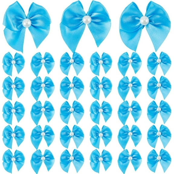 72Pcs Mini Ribbon Bows with Pearls Lake Blue Small Satin Ribbon Bows Tiny Craft Bowknot Supplies DIY