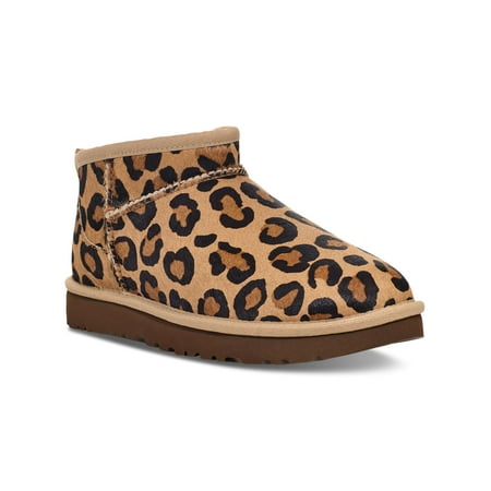 Ugg Womens Beige Animal Print Rear Pull Tab Leather Heel Label Padded Ultra Round Toe Slip On Leather Booties 6