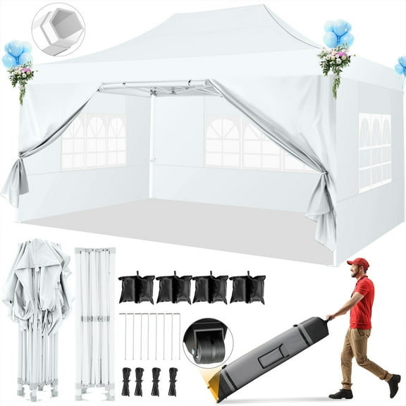 COBIZI 10x15 Pop Up Canopy Tent Heavy Duty with 4 Sidewalls Tents for Parties Outdoor Canopy Event Tent Wedding with Roller Bag,Upgraded UV 50  , Thick Hexagonal Legs, white