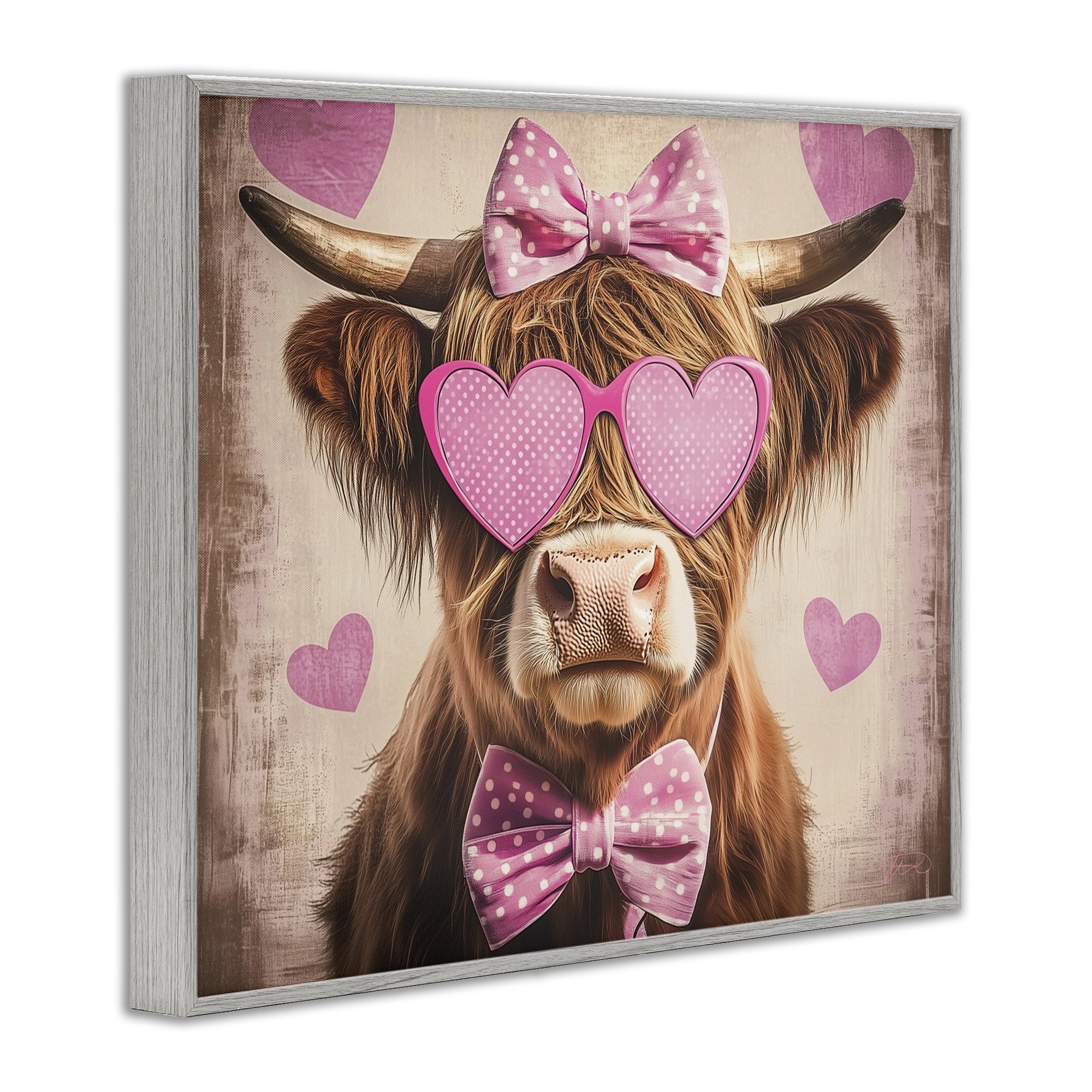 Cute Cattle Pink Hearts Gray Framed Giclee Art, design by Shawna Stewart