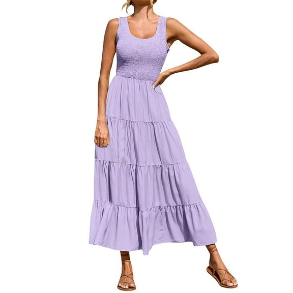 VBARHMQRT Black and Gold Dress for Women Women's 2024 Casual Loose Plain Maxi Sundress Smocked Tank Dress Sleeveless Summer Beach Tiered Long Dresses Dress Coats for Women Princess Dress