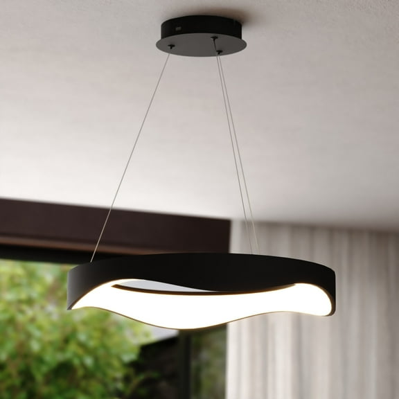 Bowen 1-Light 20.5 in. Wide Black Modern Round Chandelier, White Frosted Acrylic Shade, Integrated LED, Adjustable Height, Hanging Ceiling Pendant Fixture for Dining Table Kitchen Bedroom Island Foyer