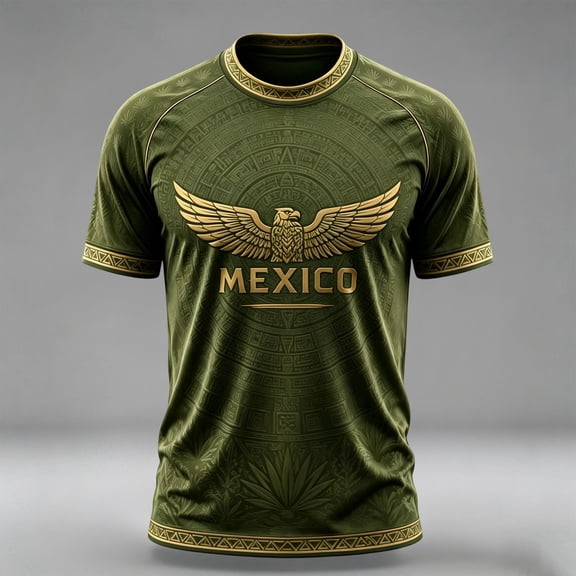 Mexico 2026 Soccer Cup Fan Jersey for Men, Crewneck Short Sleeve T-Shirt with Winged Totem & Geometric Print, Lightweight Breathable Athletic Top, 1 PC Army Green L