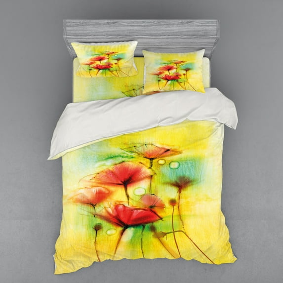 Ambesonne Floral Bedding Set 4 Pcs, Poppy Flowers Blossom, Queen, Yellow Red