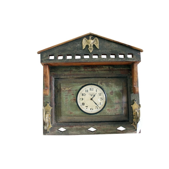 Wooden Wall Clock made from Old Wooden Window with Brass Hook, Pine Green