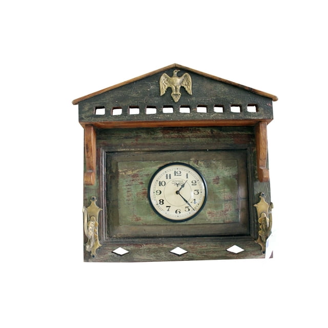 Wooden Wall Clock made from Old Wooden Window with Brass Hook, Pine Green