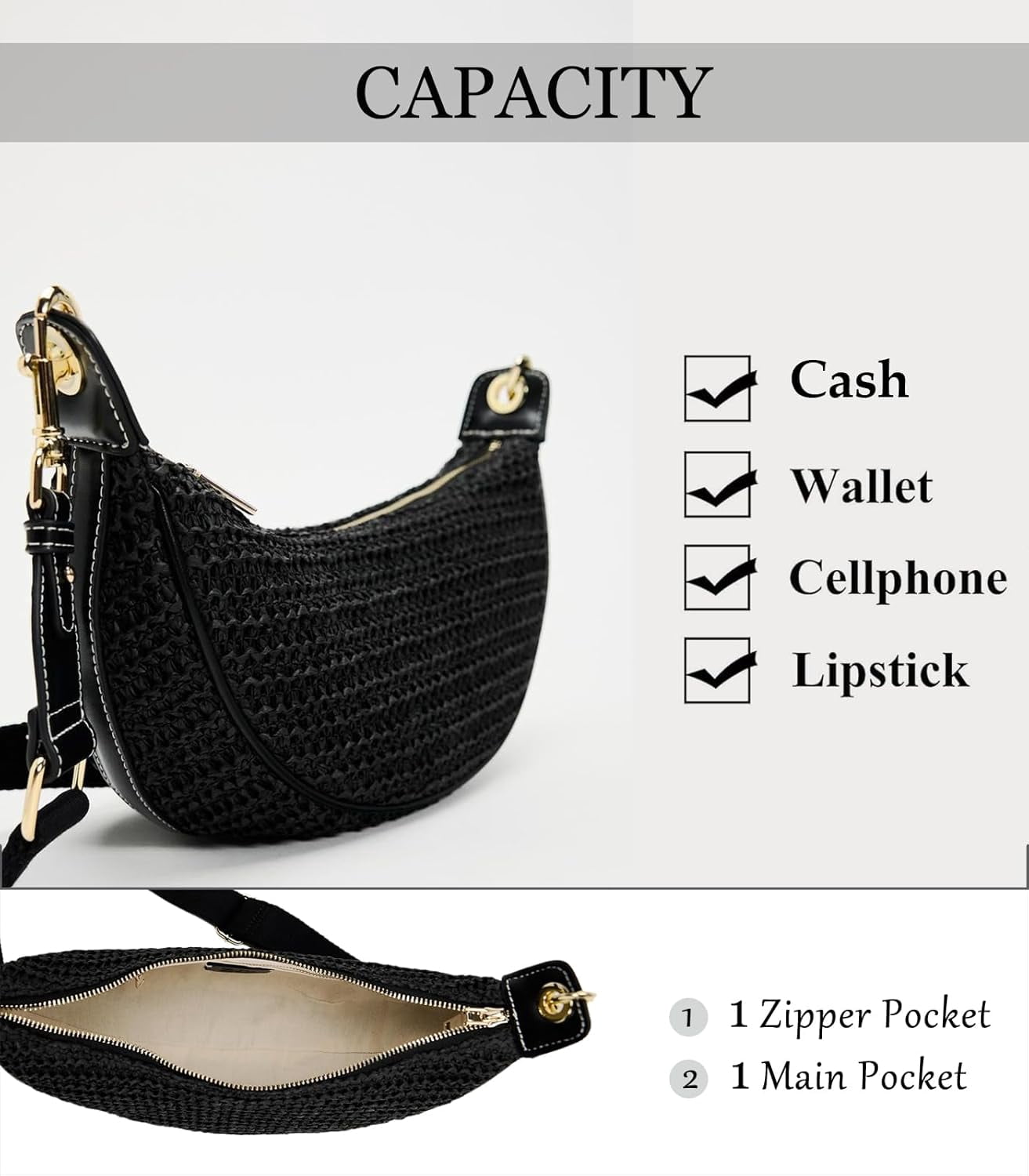 Straw Crossbody Bags for Women Beach Woven Hobo Handbag Summer Chic Crescent Shoulder Purses with Adjustable Strap 2024