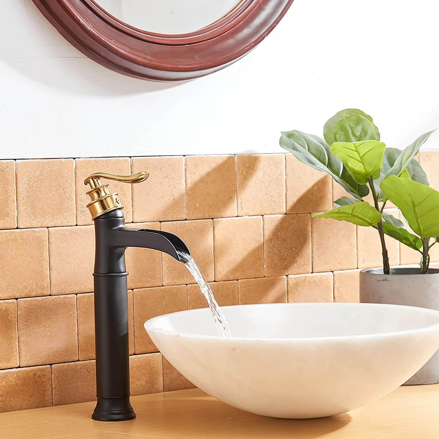 BWE Vessel Sink Faucet Waterfall Gold with Matte Black Single Hole with Pop Up Drain Without Overflow and Supply Lines Bathroom faucets for Sink One Handle Faucets Vanity Bath Mixer Tap Lead-Free