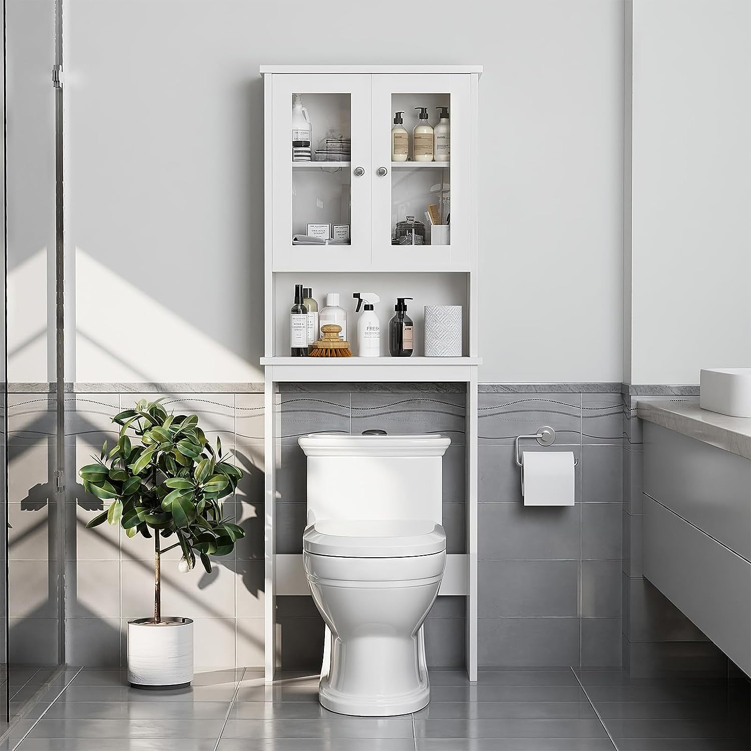 Sobaniilo Over The Toilet Storage Cabinet for Bathroom, Storage Organizer Over Toilet, Space Saver with Tempered Glass Doors, White