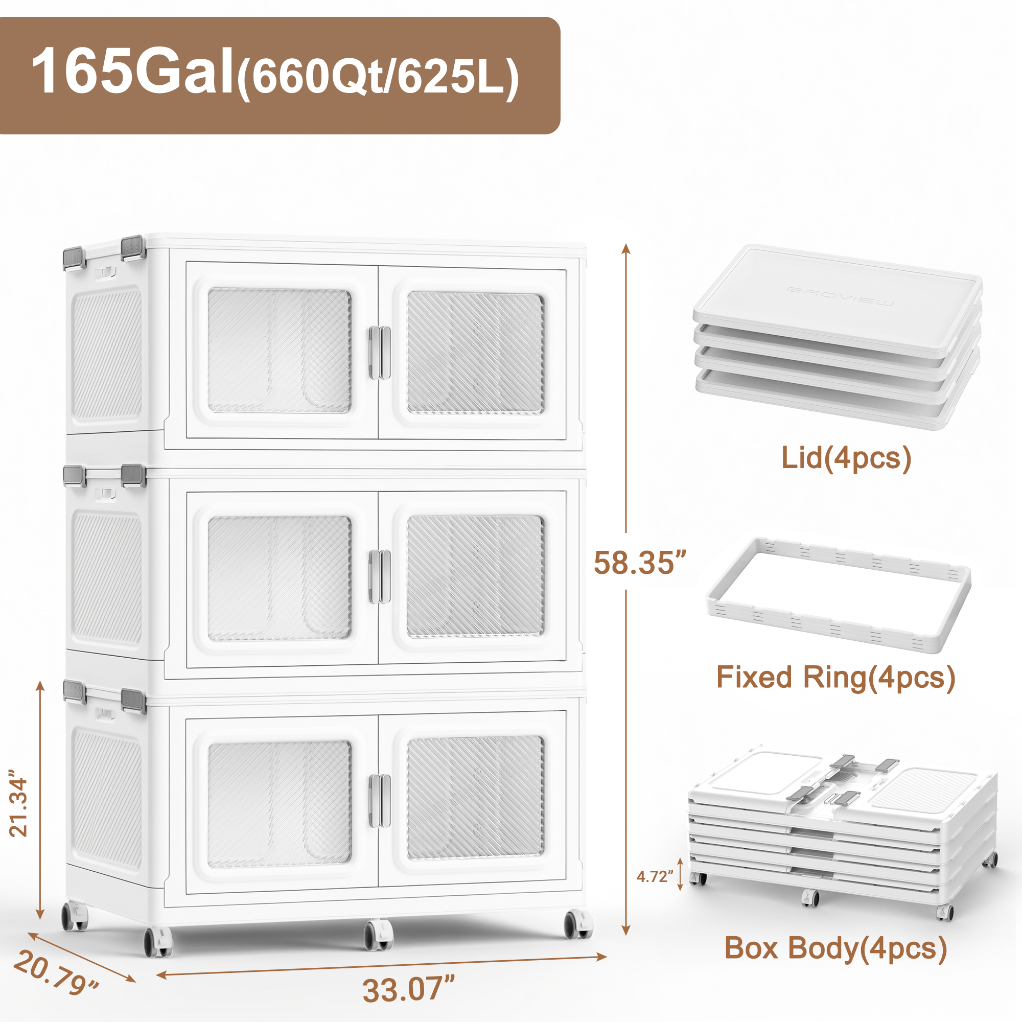 660Qt Extra Large Stackable Storage Bins with Lid, 165Gal Collapsible Closet Organizer and Storage Drawers with Wheels, 3-Pack Totes for Storage Clearance, White