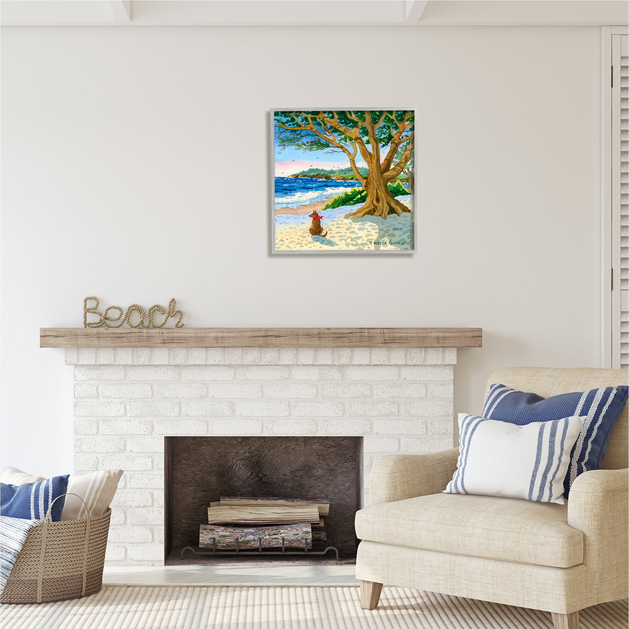 Stupell Industries Dog On Beach Painting Nature Painting Gray Framed Art Print Wall Art, 24 x 24