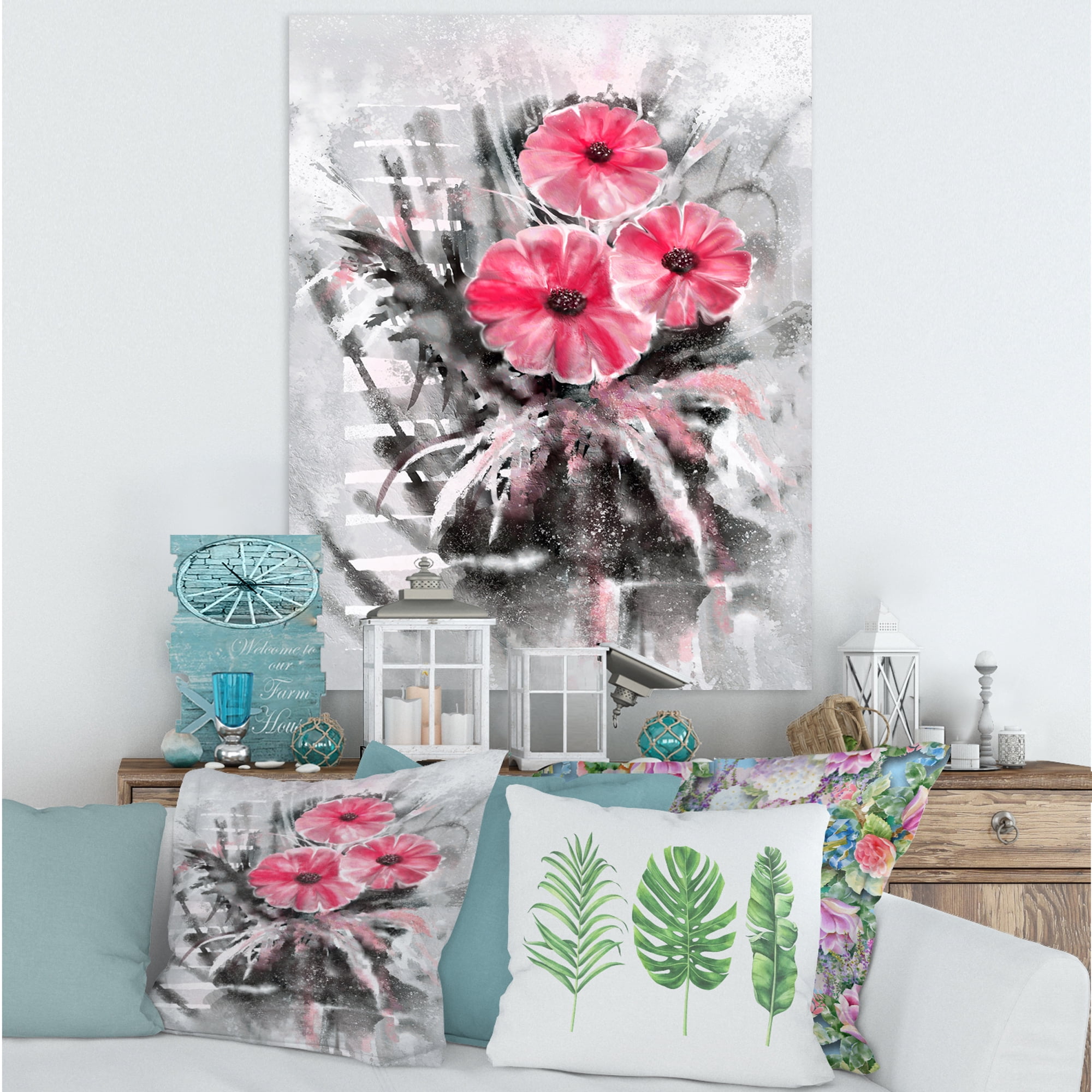 Designart ' Abstract Red Flowers On Gray Background ' Traditional Canvas Wall Art Print