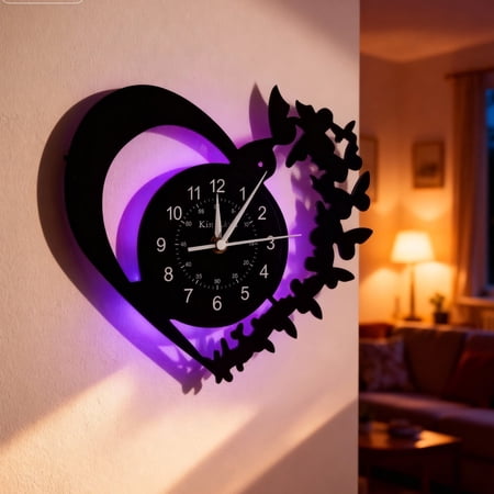 Colorful Vinyl Wall Clock,Heart-Shaped Design,Butterfly Clock, Silent Vintage Clock,Black