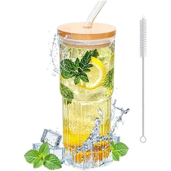32oz Ribbed Glassware Large Cup, Glass Cups With Lids And Straws,Iced Coffee Cups With Lids,Glasses Drinking Set,Cute Cups,Boba Cup,With Straw Brush,Ideal Gift