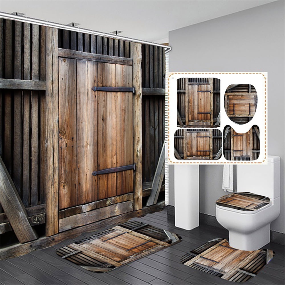 Vintage Wooden Door Waterproof  Shower Curtain Non-slip Mats Toilet Cover Set 