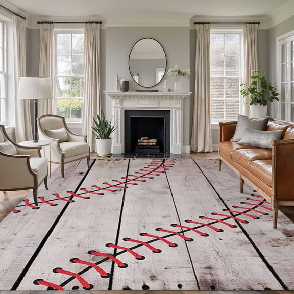 Non-Slip Rug Pad Rugs Sports Baseball Texture Red Lines Rectangle Area Rugs 5x7Ft Soft Carpet Pads for Living Room Kids Room, Farm Wooden Plank