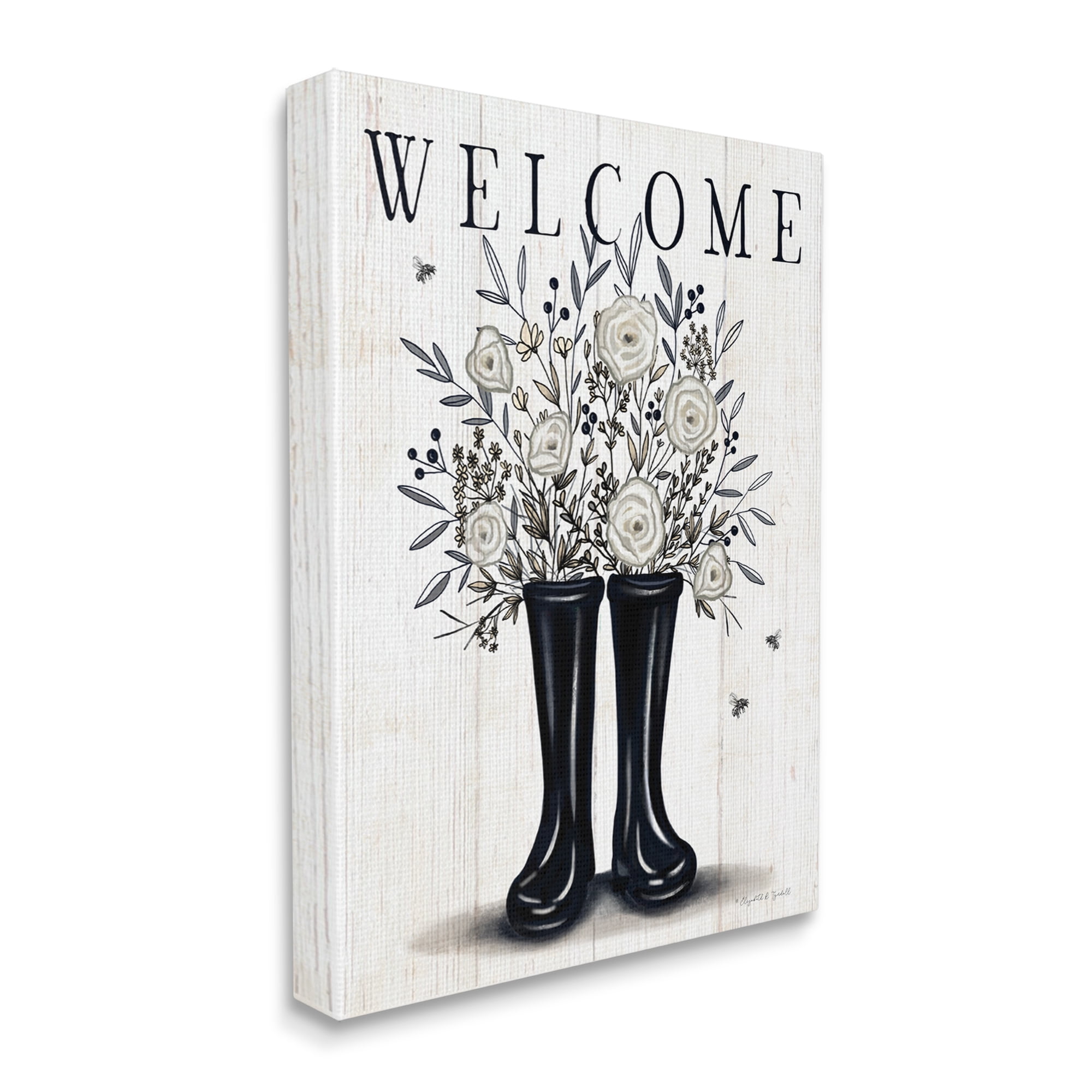 Stupell Industries Welcome White Roses Gardening Boots Outdoors Insect Sign,24 x 30, Design by Elizabeth Tyndall