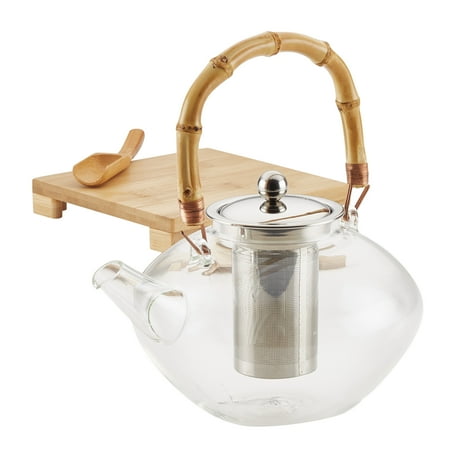 Bonjour - Zen 34-Ounce Handblown Glass Teapot with Infuser and Bamboo Trivet - Glass