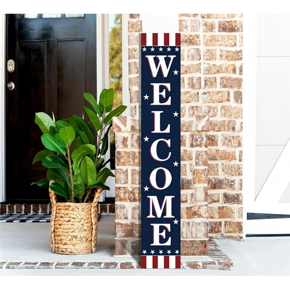 Patriotic 4th of July Wooden Porch Sign 47" Independence Day American Stars Stripes Large Wooden Welcome Sign for Memorial Day Sign Home Front Door Yard Party Decor