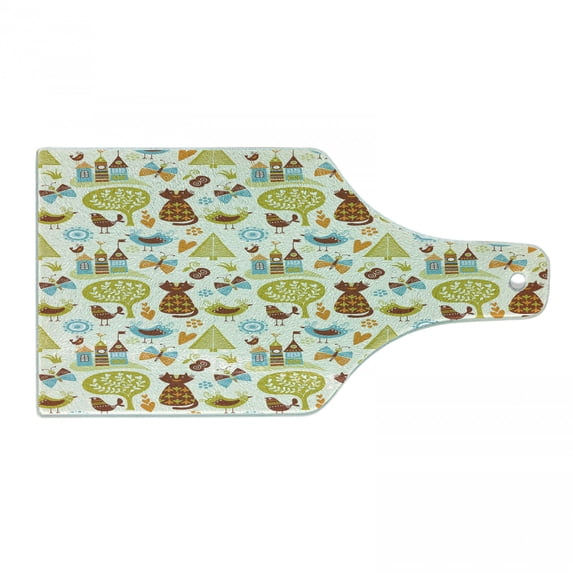 Cats Cutting Board, Cats Birds and Butterflies with Ornate Details Fantasy Castle Trees Hearts, Tempered Glass Cutting and Serving Board, Wine Bottle Shape, Green Brown Pale Blue, by Ambesonne