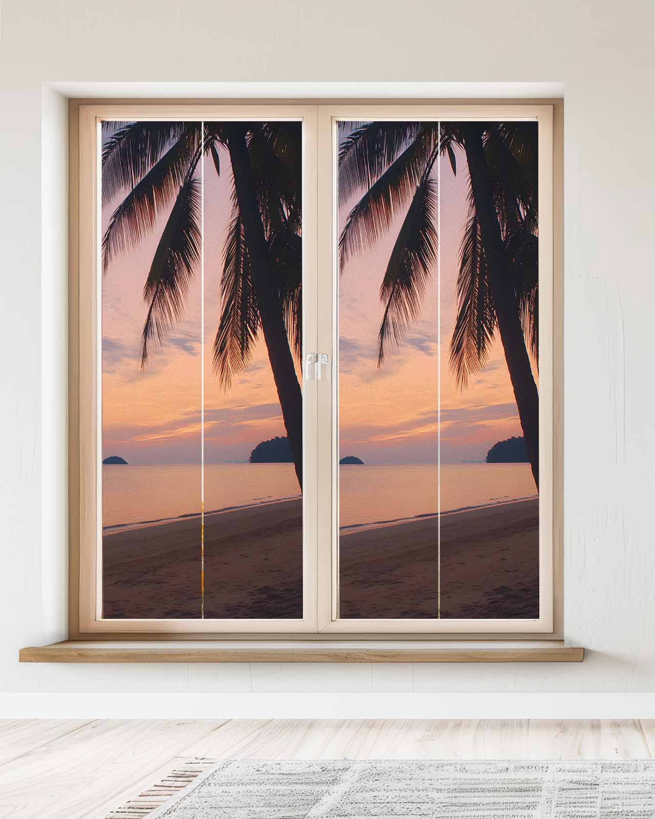 Window Privacy Film Sunset Summer Stained Glass Window Film Decorative Sun Block Window Cover Seasides Palm Tree Leaves Scene Window Clings Static Adhesive Sticker for Bathroom 23.6"x59"