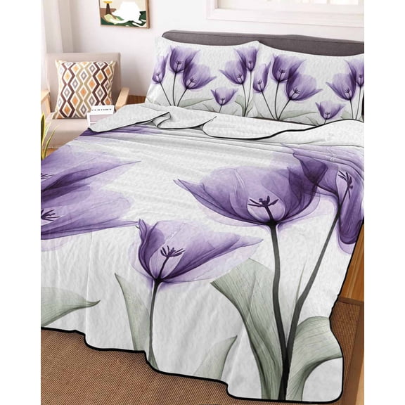 Purple Tulip Queen Size Down Alternative Comforter, Lightweight Comforter Quilt Bedding Set with Pillow Shams Spring Floral Pastoral Flower Aesthetics All Seasons Bed Comforter Duvet Insert 90"x96"